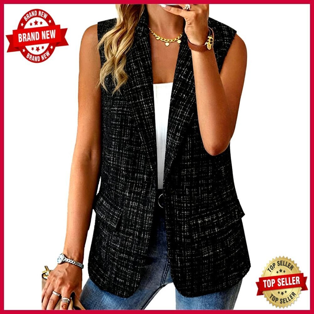Sleeveless Blazer Vest Lightweight Open Front Work Office Jacket with Pockets